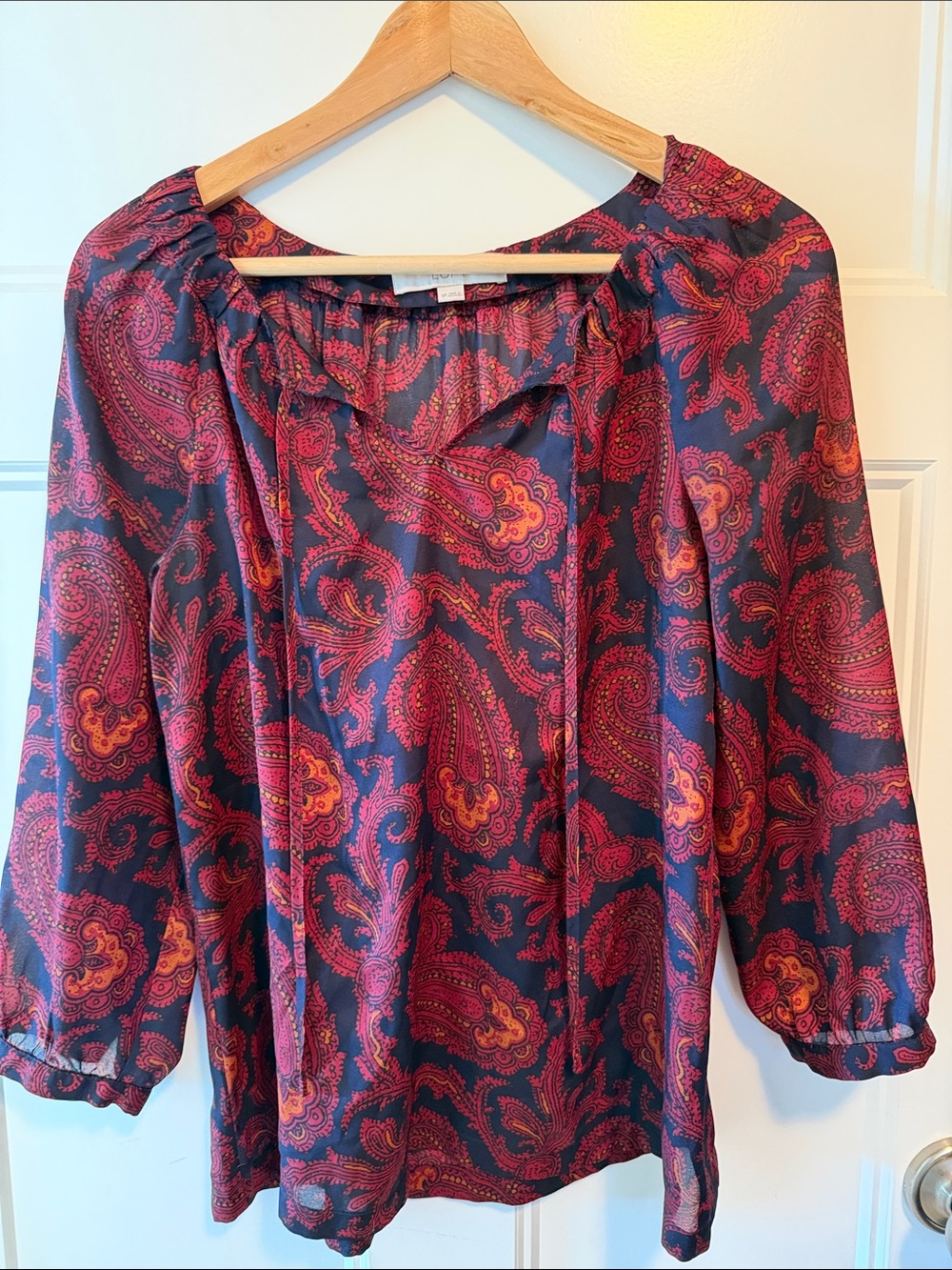 LOFT Navy Blouse with Pink and Orange Paisley Print